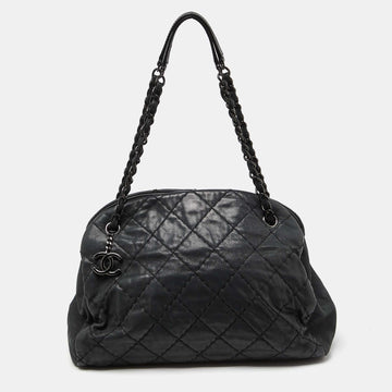 CHANEL Black Quilted Shimmer Leather Medium Just Mademoiselle Bowler Bag