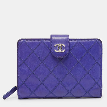 CHANEL Blue Wild Stitch Quilted Leather CC French Wallet