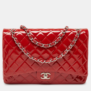 CHANEL Red Quilted Patent Leather Maxi Classic Double Flap Bag