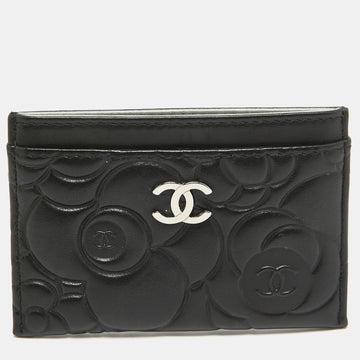 CHANEL Black Camellia Embossed Leather CC Card Holder
