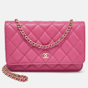 CHANEL Fuchsia Quilted Caviar Leather Classic Wallet on Chain