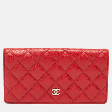 CHANEL Red Quilted Caviar Leather CC Long Wallet