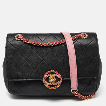 CHANEL Black/Pink Quilted Leather CC Chain Logo Shoulder Bag