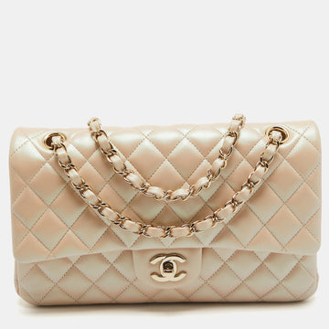 CHANEL Peach Shimmer Leather Medium Classic Double Flap Bag