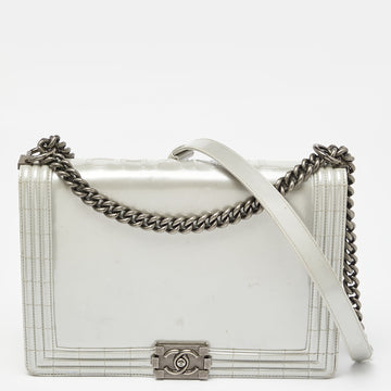 CHANEL Grey Patent Leather Large Reverso Boy Flap Bag