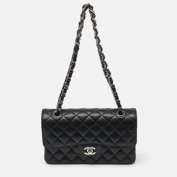 CHANEL Black Quilted Caviar Leather Small Classic Double Flap Bag