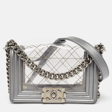 CHANEL Grey/Clear Quilted PVC and Leather Small Boy Flap Bag