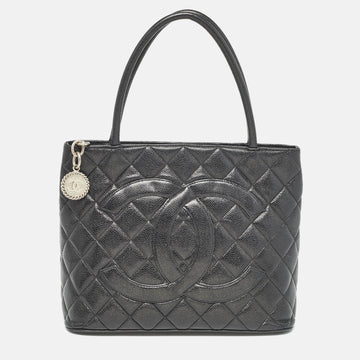 CHANEL Black Quilted Caviar Leather Medallion Tote