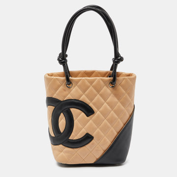 CHANEL Beige/Black Quilted Leather Cambon Ligne Tote