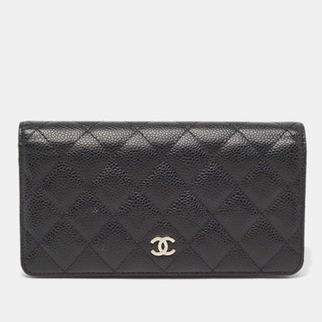 CHANEL Black Quilted Caviar Leather L Yen Continental Wallet