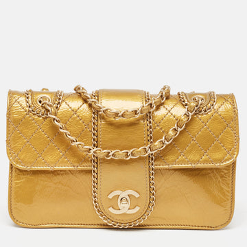 CHANEL Gold Quilted Patent Leather Medium Madison Flap Bag