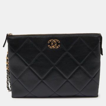 CHANEL Black Quilted Leather 19 Chain Wristlet Pouch