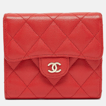 CHANEL Red Quilted Caviar Leather CC Trifold Wallet