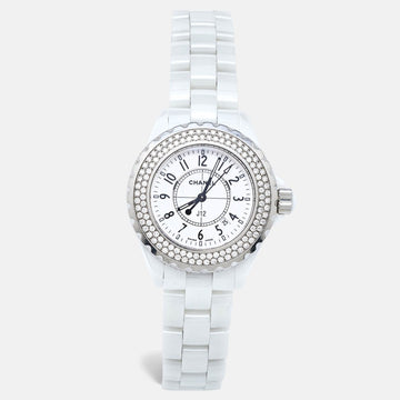 CHANEL White Ceramic Stainless Steel Diamond J12 H0967 Women's Wristwatch 33 mm