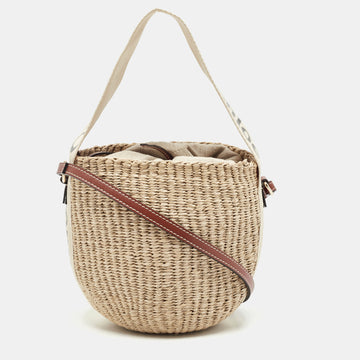 CHLOE Beige/Tan Raffia and Leather Small Woody Bucket Bag