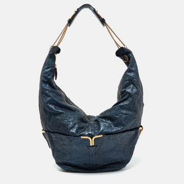 CHLOE Metallic Blue Leather Milton Triple Chain Hobo