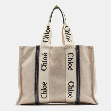 CHLOE Beige/Black Canvas and Leather Large Woody Tote