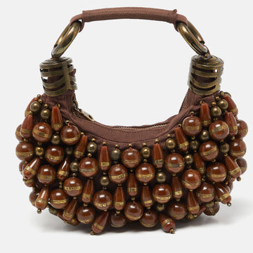 CHLOE Brown Canvas Beads Embellished Hobo