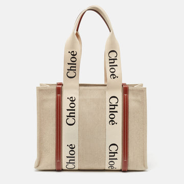 CHLOE Beige/Brown Canvas and Leather Medium Woody Tote