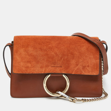CHLOE Brown Leather and Suede Small Faye Shoulder Bag