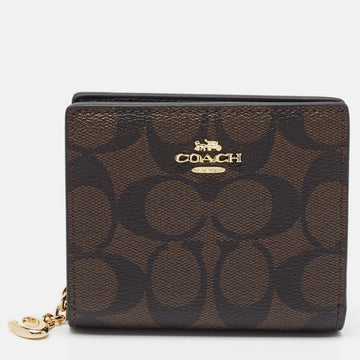 COACH Brown/Black Signature Coated Canvas Compact Wallet