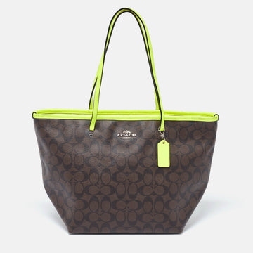 COACH Green/Brown Signature Coated Canvas and Leather Street Zip Tote