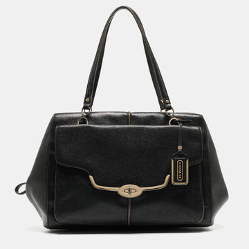 COACH Black Textured Leather E/W Madison Madeline Satchel