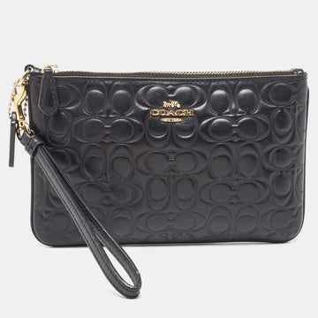 COACH Black Signature Embossed Leather Wristlet Pouch