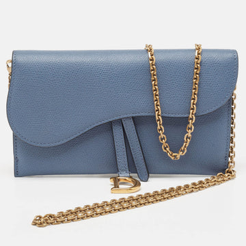 DIOR Blue Leather Saddle Wallet on Chain