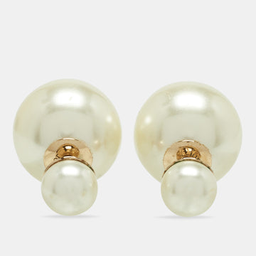 DIOR Tribales Cream Faux Pearl Gold Tone Stud Earrings