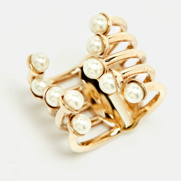 DIOR ific Faux Pearl Gold Tone Open Cuff Ring Size L