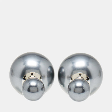 DIOR Mise en  Tribales Grey Faux Pearl Silver Tone Stud Earrings