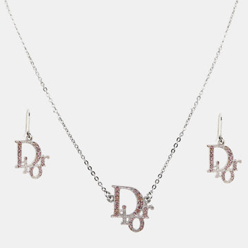 DIOR Logo Crystal Silver Tone Necklace and Earrings