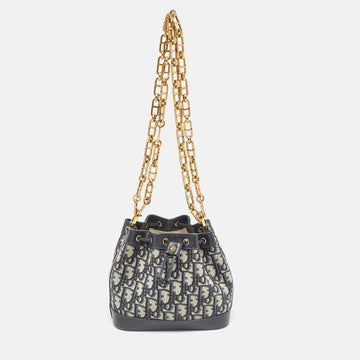 DIOR Navy Blue Oblique Canvas and Leather Drawstring Chain Bucket Bag