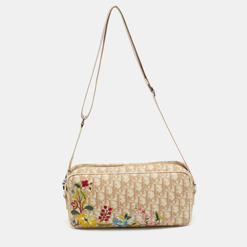 DIOR Beige Oblique Coated Canvas Floral Embroidered Crossbody Bag