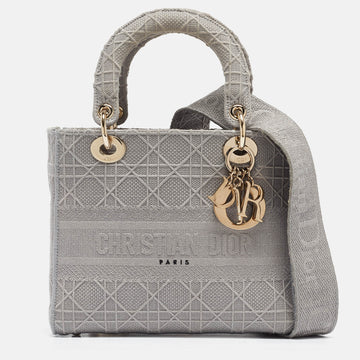 DIOR Grey Cannage Embroidered Canvas Medium Lady D-Lite Tote