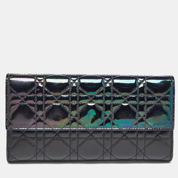 DIOR Black Iridescent Cannage Patent and Leather Lady  Flap Wallet