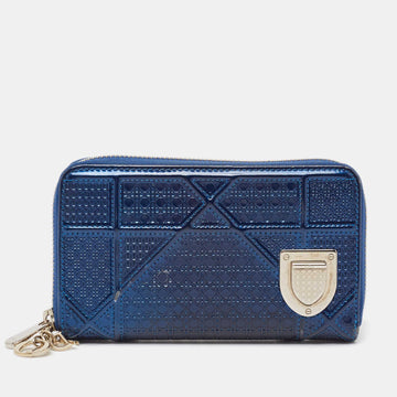 DIOR Blue Micro Cannage Patent Leather ama Zip Around Wallet