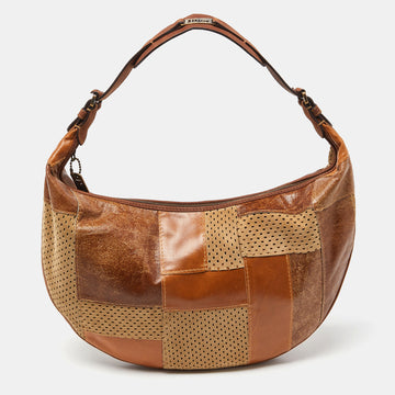 DIOR Brown Perforated Suede and Leather Patchwork Hobo