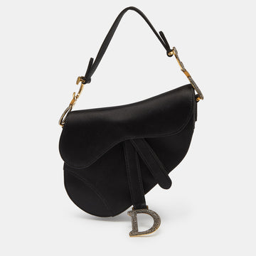 DIOR Black Satin Mini Crystal Embellished Saddle Bag