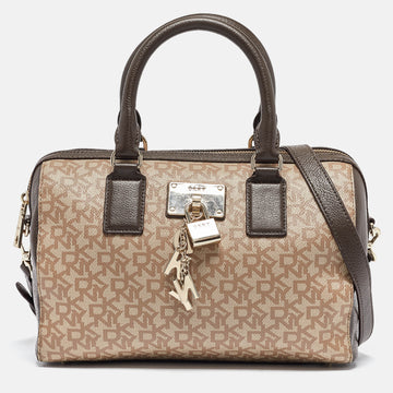 DKNY Brown/Beige Monogram Coated Canvas and Leather Lock Charm Boston Bag