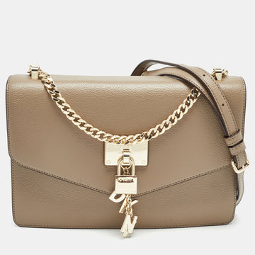 DKNY Dark Beige Leather Elissa Flap Shoulder Bag