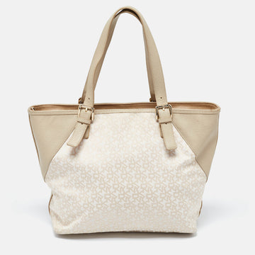 DKNY Cream/Beige Monogram Canvas and Leather Zip Tote