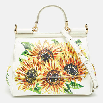 DOLCE & GABBANA White Sunflower Print Leather Medium Miss Sicily Top Handle Bag