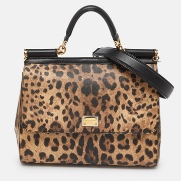 DOLCE & GABBANA Black/Brown Leopard Print Coated Canvas and Leather Medium Miss Sicily Top Handle Bag