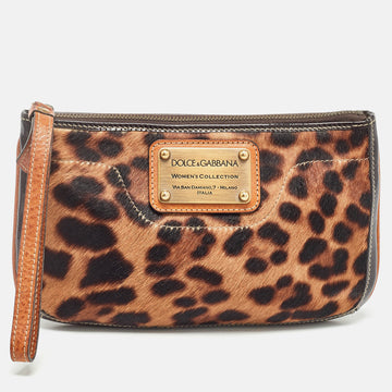 DOLCE & GABBANA Brown Leopard Print Calf Hair and Leather Zip Wristlet Pouch