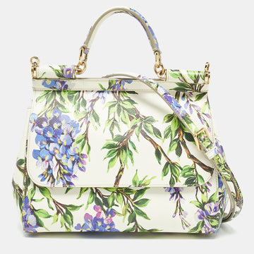 DOLCE & GABBANA Off White Printed Leather Medium Miss Sicily Top Handle Bag