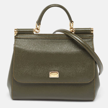 DOLCE & GABBANA Green Leather Medium Miss Sicily Top Handle Bag