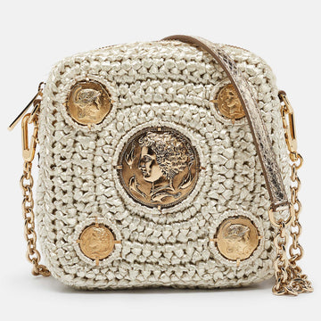 DOLCE & GABBANA Beige/Gold Woven Raffia Coin Patch Crossbody Bag