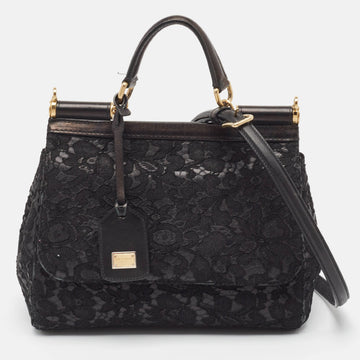 DOLCE & GABBANA Black Leather and Lace Medium Miss Sicily Top Handle Bag